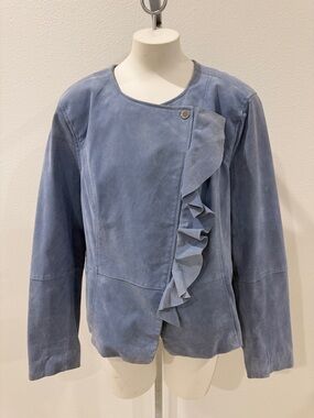 NWOT Isaac Mizrahi Powder Blue auth Suede Ruffle-Front Leather Jacket Sz 14